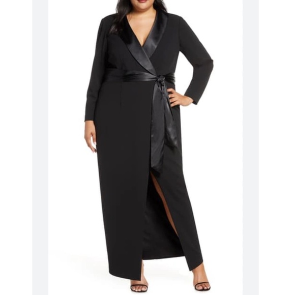 Eliza J size 16W faux wrap tuxedo gown maxi long sleeve black crepe stretch - Picture 1 of 15